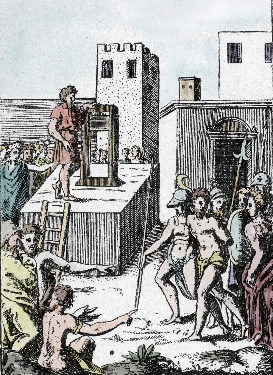 Pena de muerte: la ejecución de una sentencia de muerte con el antepasado de la guillotina (máquina una decolación) en Italia llamada Mannaia y diseñada por Achille Bocchi, en 1555" Grabado de Giulio Buonasone (Bonasone) (1498-1574) (Representación de la M de Giulio Bonasone