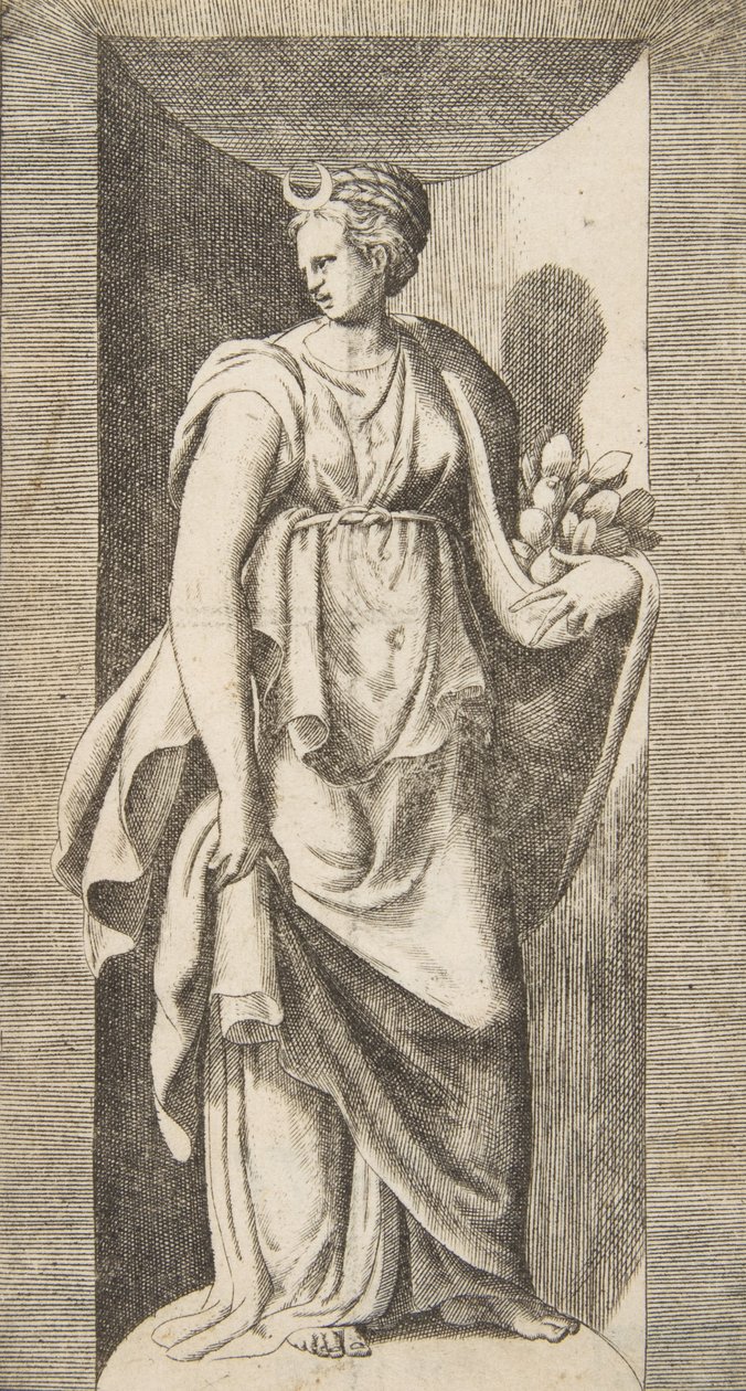 Diana sosteniendo fruta en su mano izquierda dentro de un nicho, ca. 1531-76 de Giulio Bonasone