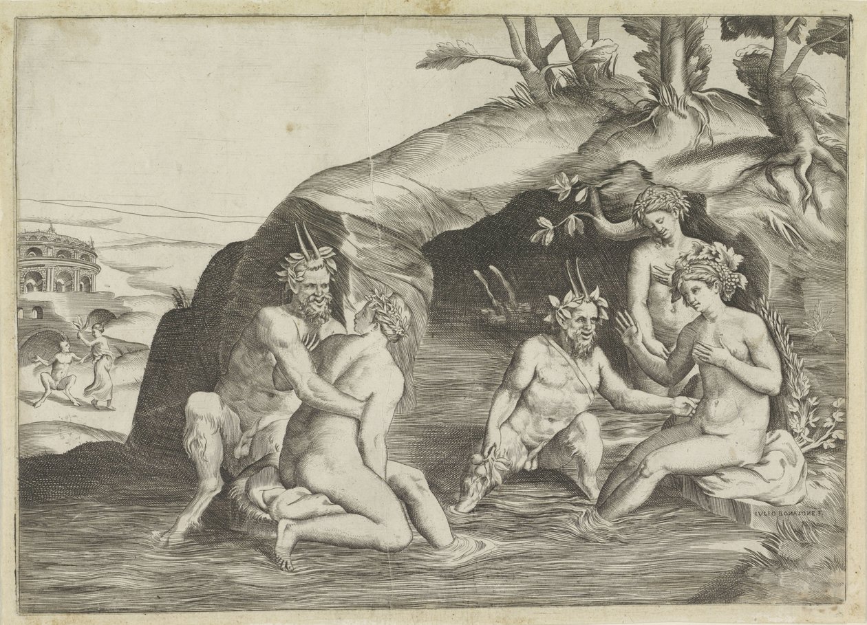 Tres ninfas y dos sátiros bañándose de Giulio Bonasone