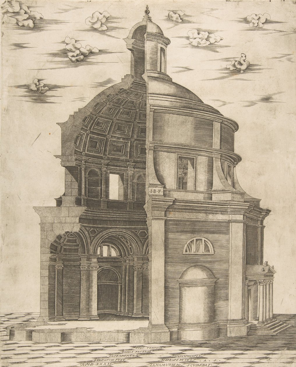 Sección exterior e interior de un templo en Roma dedicado a Neptuno, 1541 de Giulio Bonasone