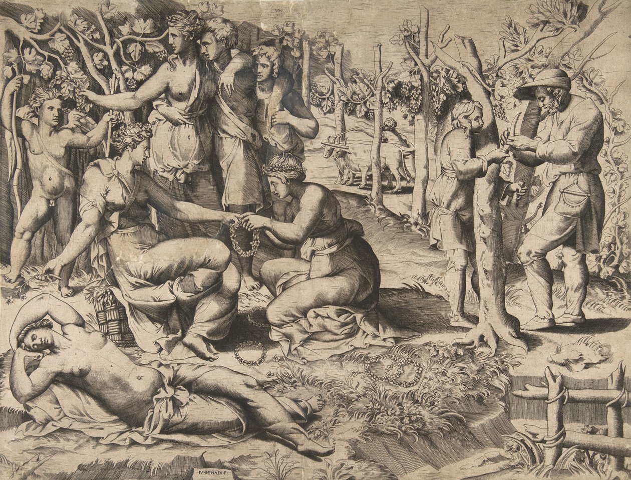 Flora en el centro pasando una corona a otra mujer, rodeada de otras figuras, mediados del siglo XVI de Giulio Bonasone