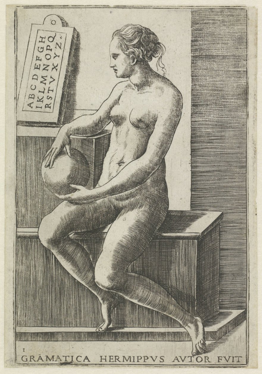 Gramática Gramática hermippus autor fuit (título sobre objeto) Las siete artes liberales (título de la serie) de Giulio Bonasone