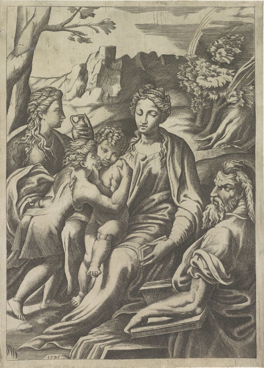 Sagrada Familia con el joven Juan Bautista y María Magdalena de Giulio Bonasone