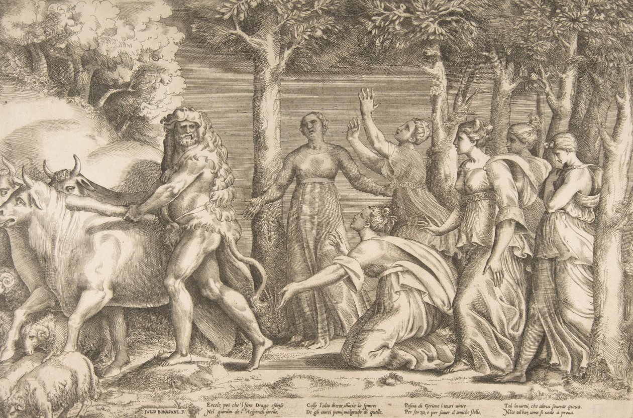 Hércules ahuyentando el ganado de Gerión, a la derecha están las ninfas de las Hespérides, ca. 1531-76 de Giulio Bonasone