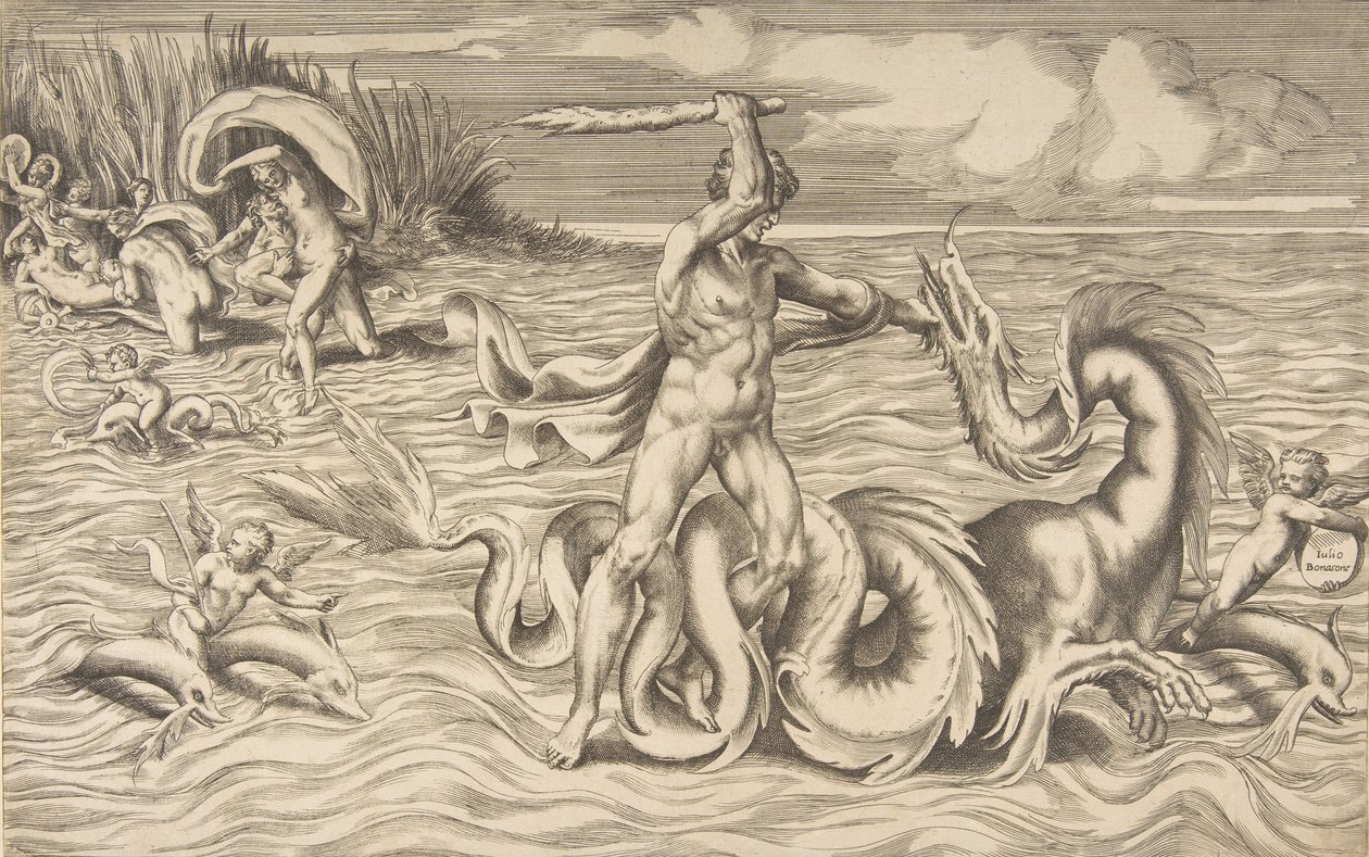 Hércules luchando contra un dragón en el centro, Aqueloo llevándose a Deianira arriba a la izquierda, 1531-76 de Giulio Bonasone