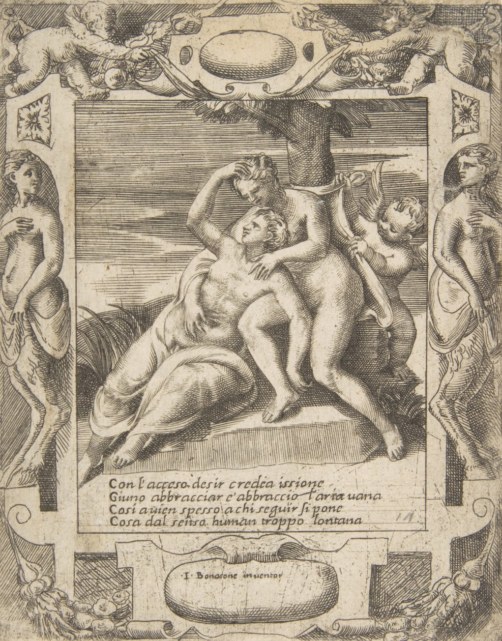 Ixión abrazando una nube, pensando que es Juno, Cupido a la derecha, dentro de un elaborado... de Giulio Bonasone