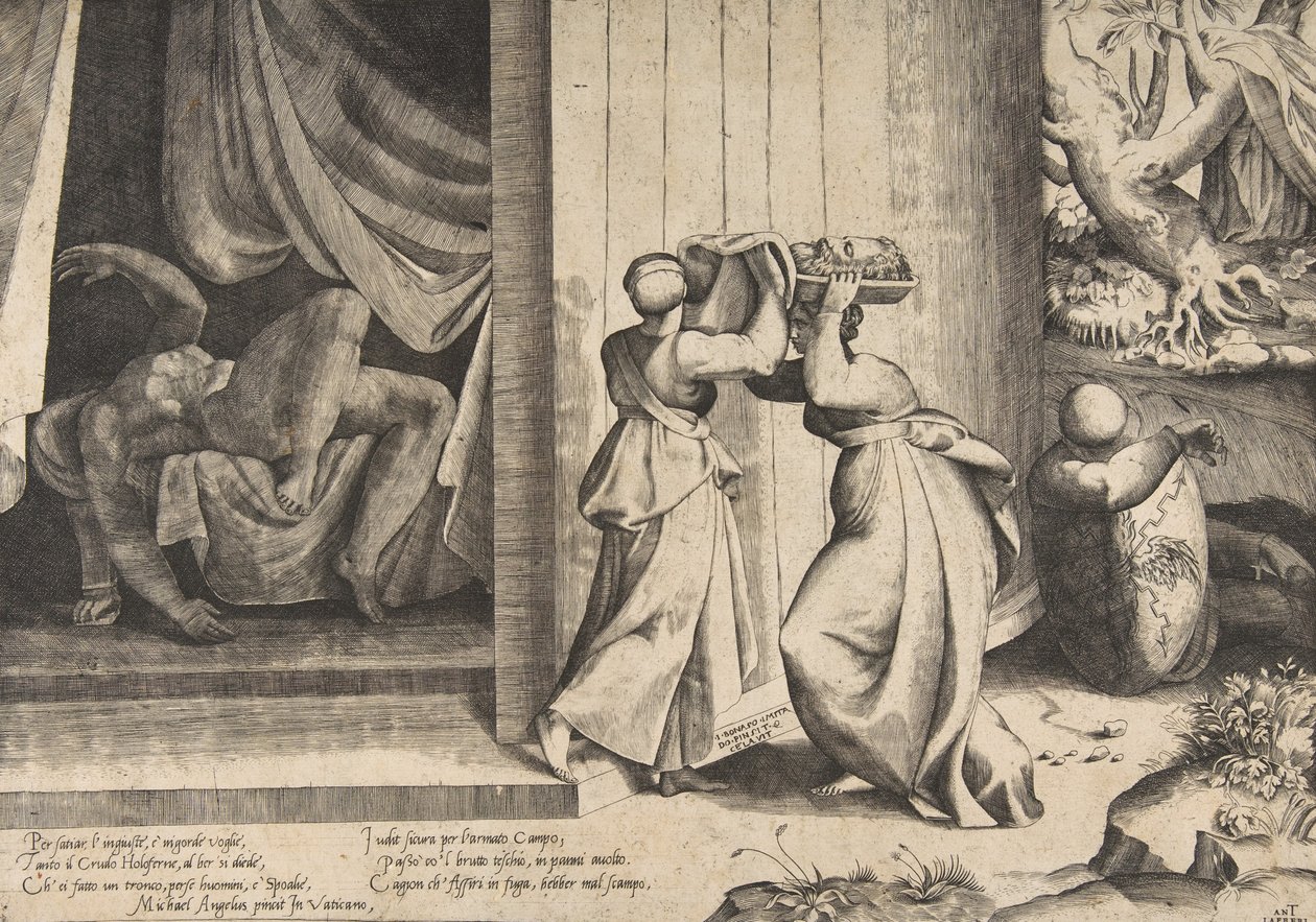 Judith Pasando la Cabeza de Holofernes a su Criada, el Decapitado Holofernes, 1531-76 de Giulio Bonasone