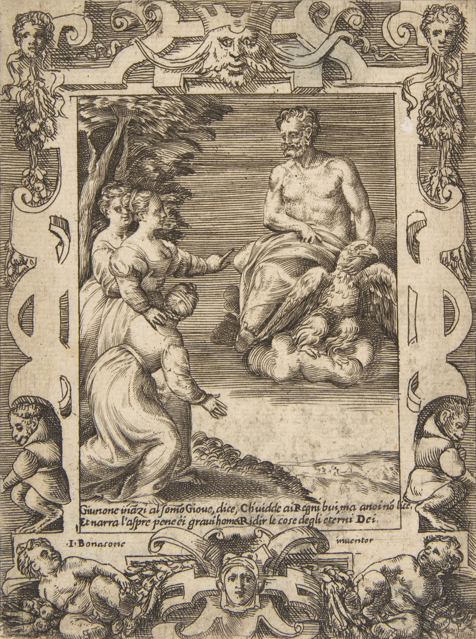 Juno a la izquierda pide a Júpiter que ayude a los griegos, dentro de un marco elaborado de Giulio Bonasone