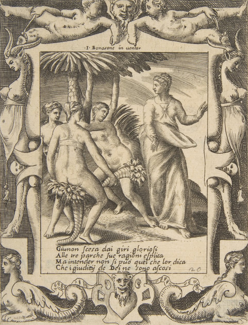 Juno a la derecha girándose y hablando con las Parcas, dentro de un marco elaborado, ca. 1531-76 de Giulio Bonasone