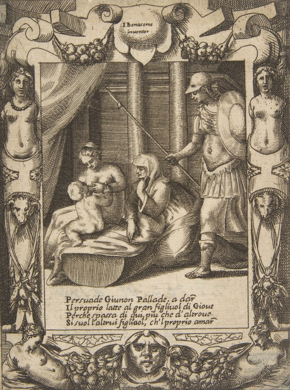 Juno persuadiendo a Atenea para amamantar al joven Hércules, dentro de un marco elaborado, de de Giulio Bonasone