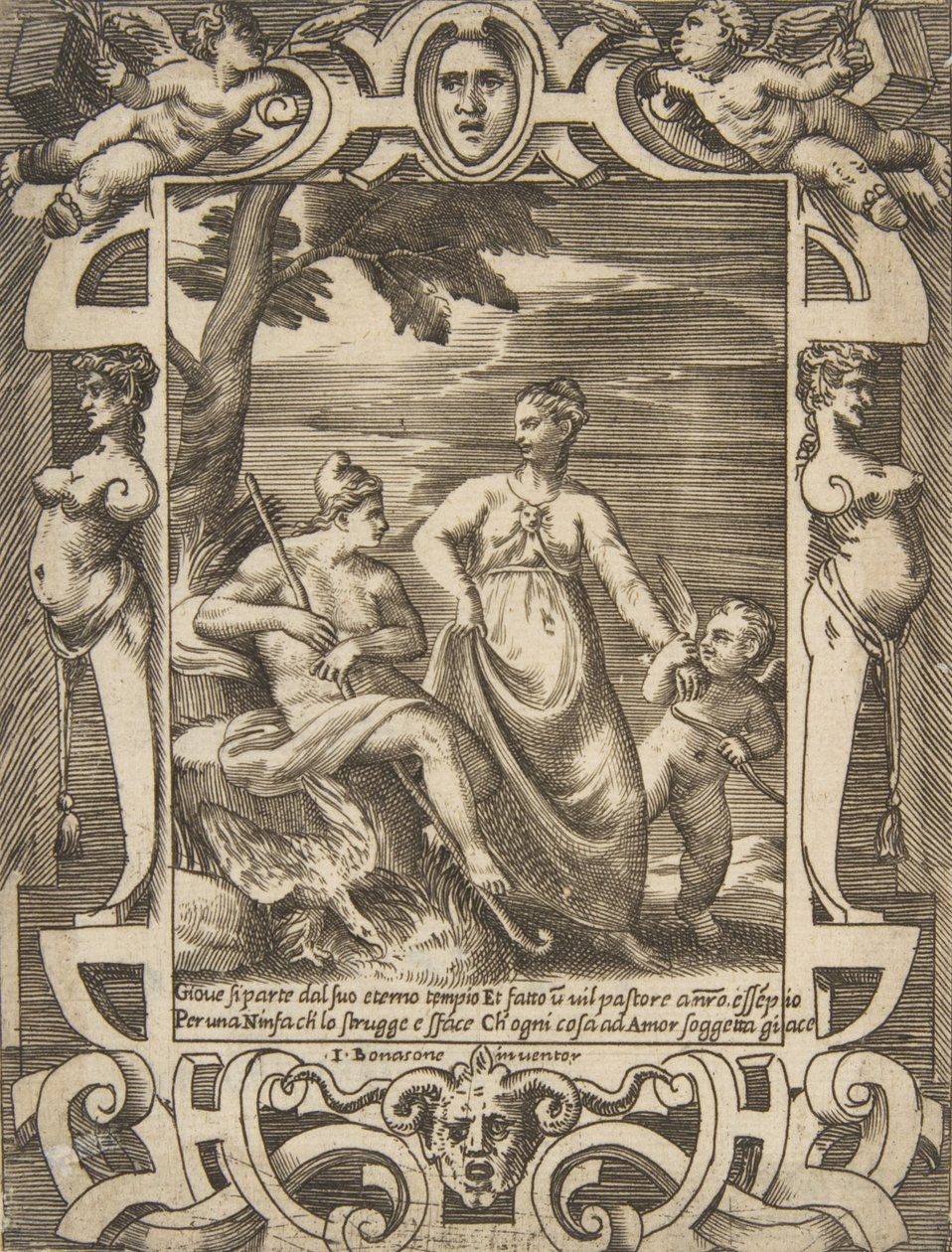 Júpiter a la izquierda en forma de pastor acompañado por Mnemósine, dentro de un elaborado marco, 1531-76 de Giulio Bonasone