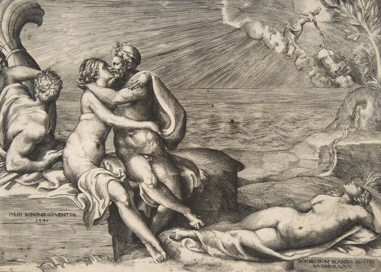 El amor de Júpiter por Juno se reaviva cuando ella se pone el cinturón de Venus, 1546 de Giulio Bonasone