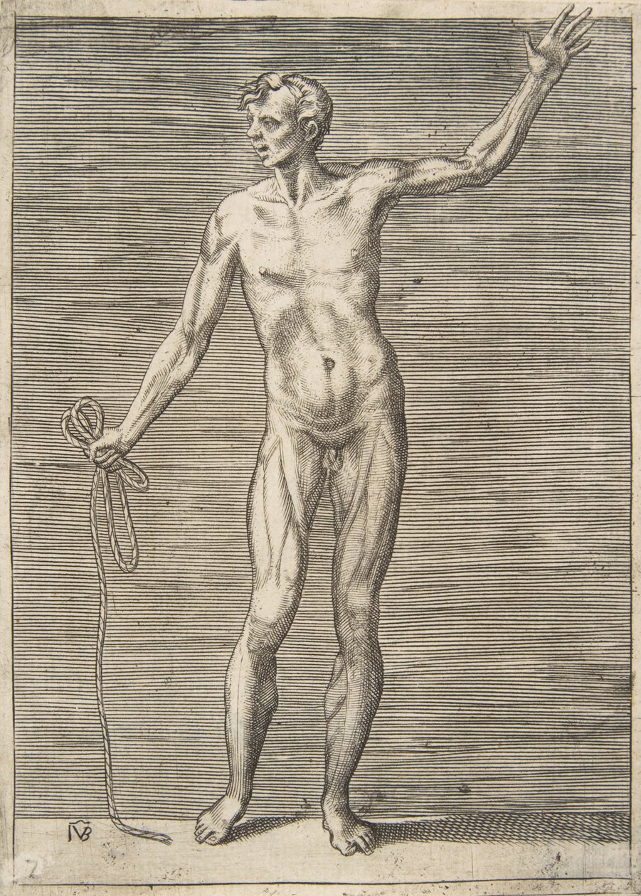 Hombre visto de frente, sosteniendo una cuerda en su mano derecha de Giulio Bonasone