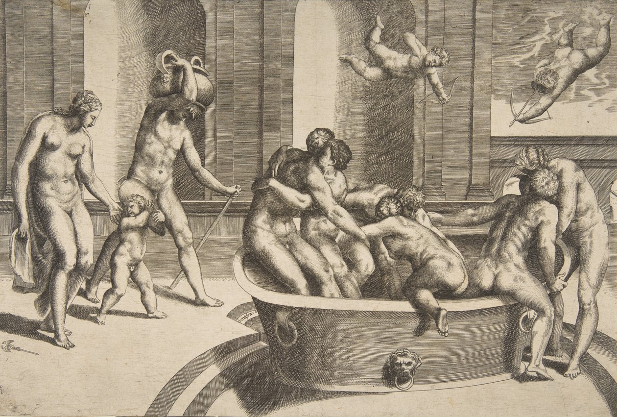 Hombres y mujeres bañándose, algunos abrazándose de Giulio Bonasone