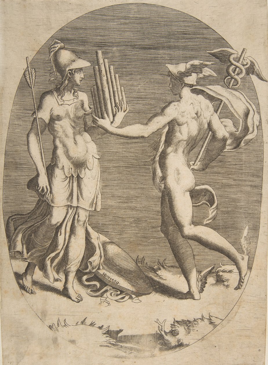 Mercurio presentando una flauta de pan a Minerva que está a la izquierda, una composición oval, 1531-76 de Giulio Bonasone