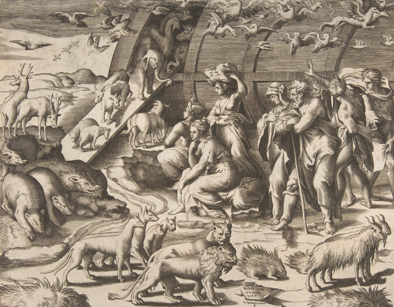 Noé saliendo del Arca, siglo XVI de Giulio Bonasone