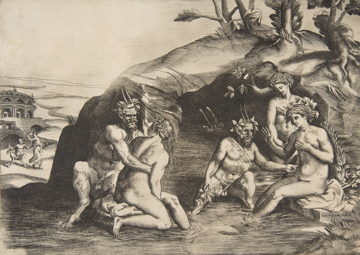 Ninfas y sátiros bañándose de Giulio Bonasone