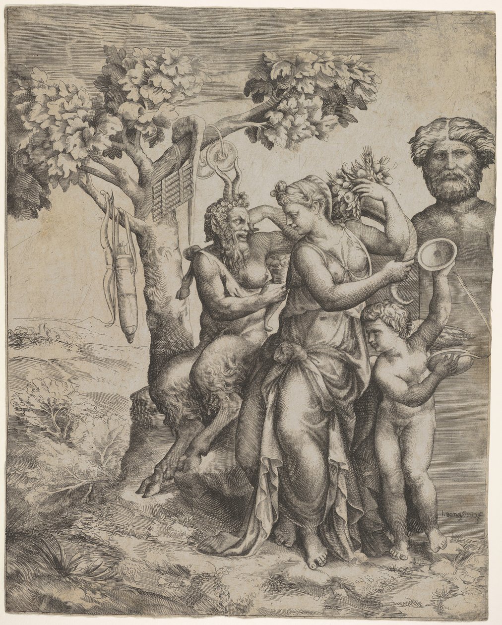 Pan sentado cerca de una figura femenina sosteniendo una cornucopia, una ninfa o Pomona, a la derecha, ca. 1550-60 de Giulio Bonasone