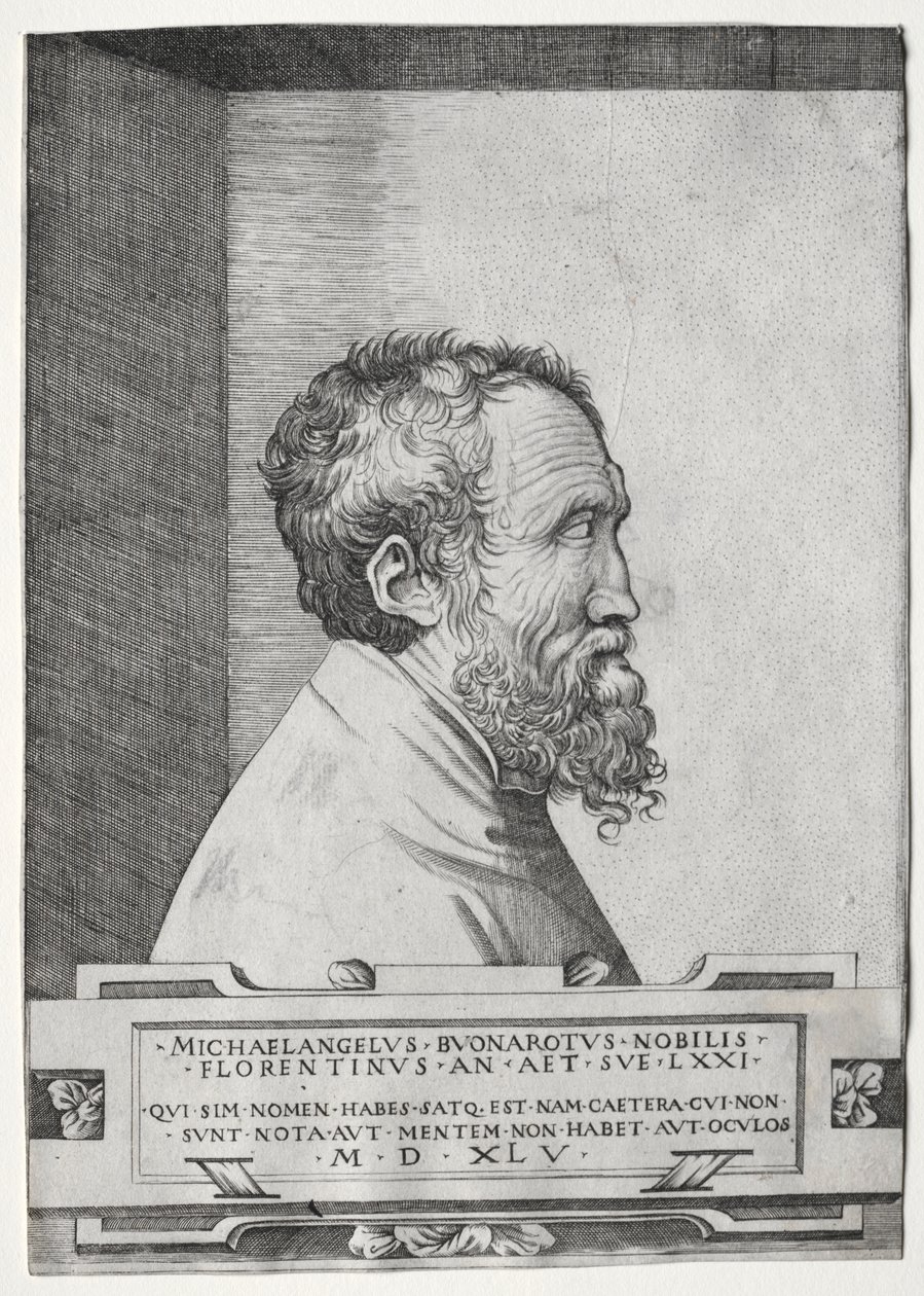 Retrato de Miguel Ángel de perfil mirando a la derecha de Giulio Bonasone