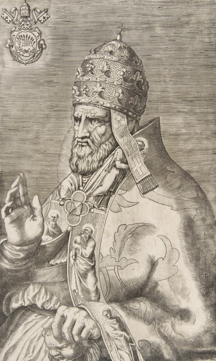 Retrato del Papa Marcelo II, mano derecha levantada mirando a la izquierda de Giulio Bonasone