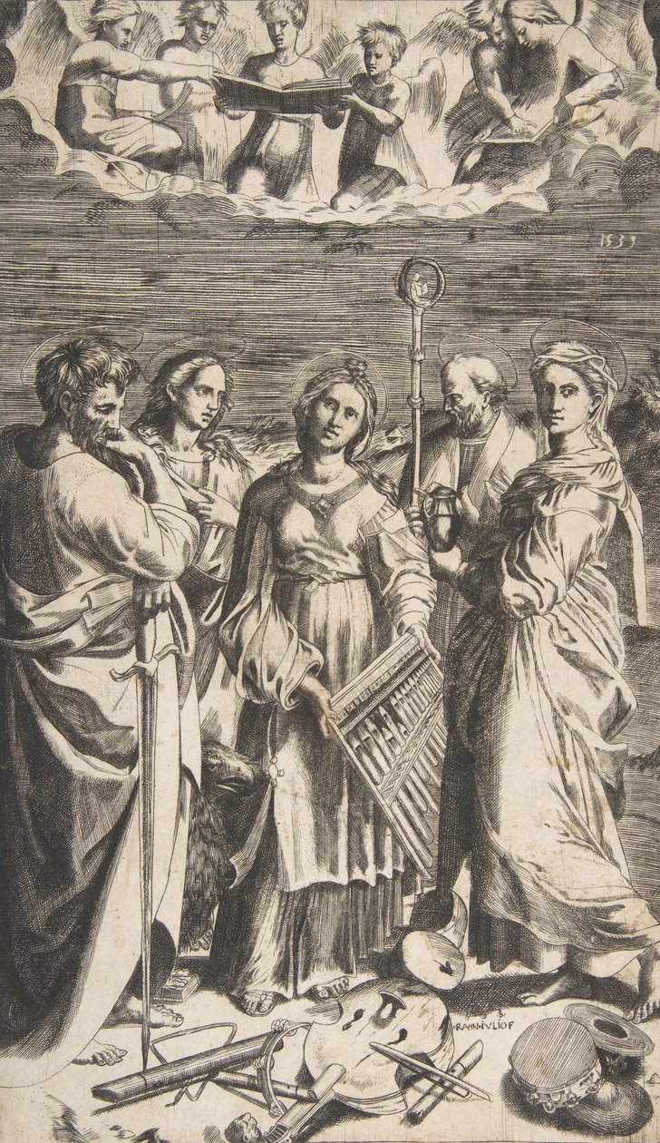 Santa Cecilia de pie en el centro acompañada por San Pablo, la Magdalena, San Juan, 1531 de Giulio Bonasone