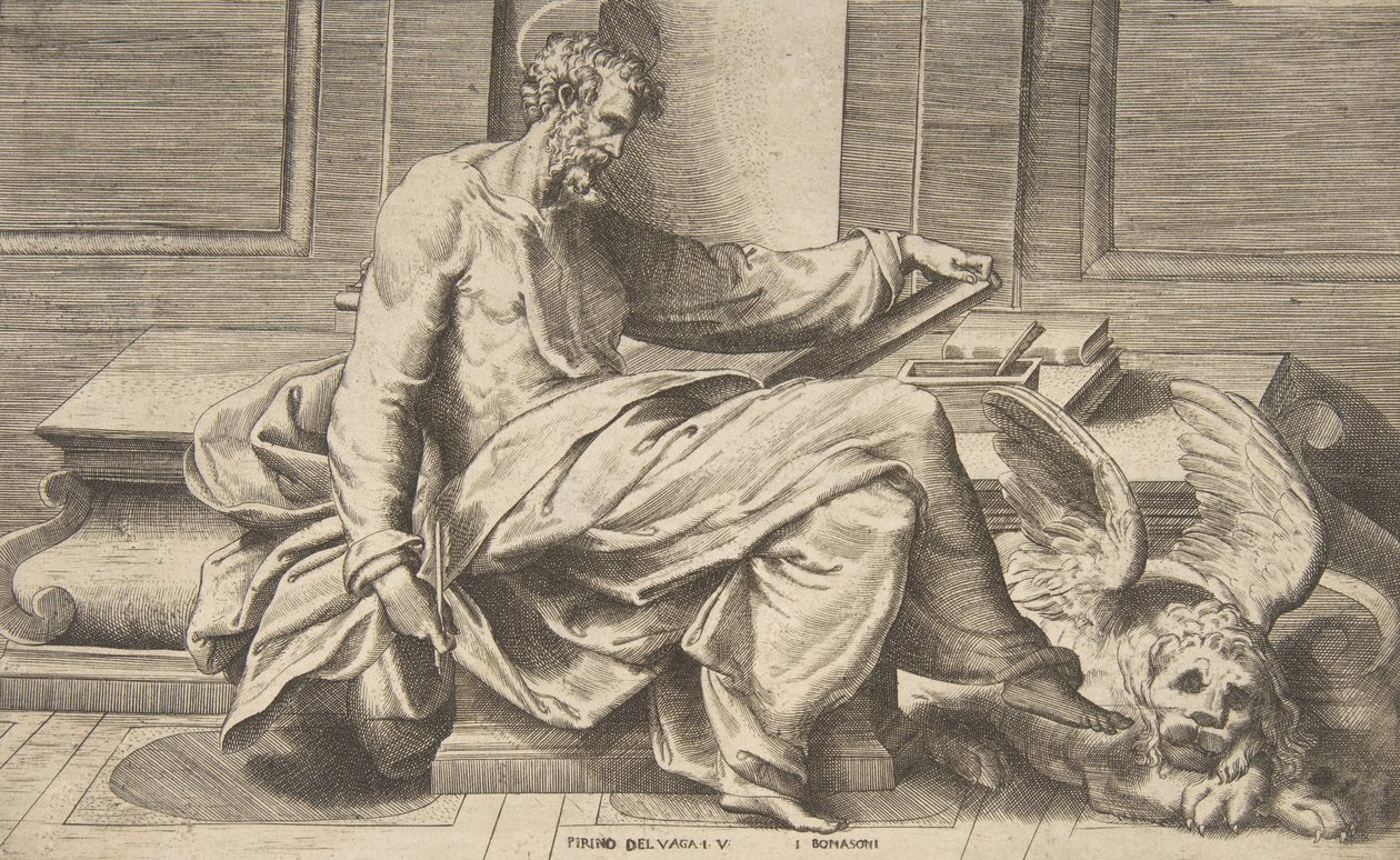San Marcos escribiendo su evangelio, león alado a la derecha, 1531-76 de Giulio Bonasone