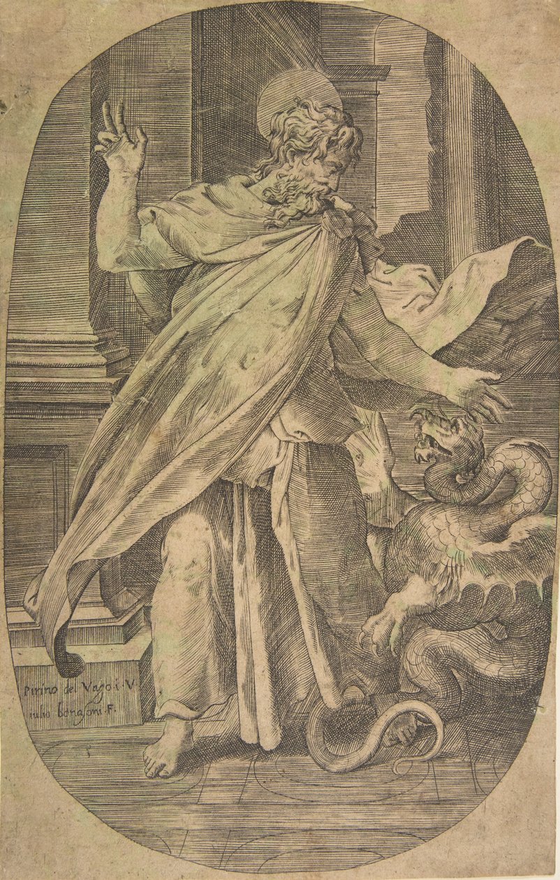 San Pablo venciendo a la víbora, dentro de un entorno arquitectónico, una composición oval, ca. 1540-70 de Giulio Bonasone