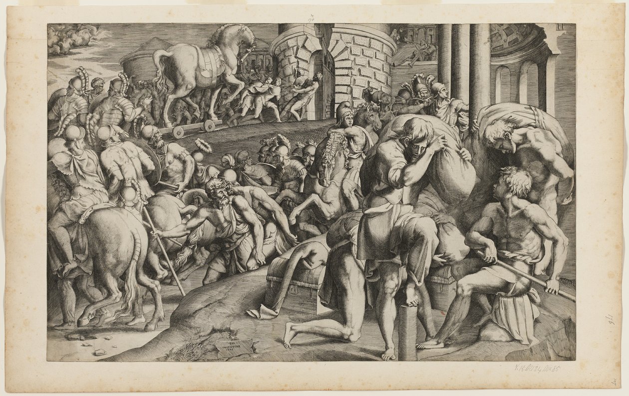 El caballo de Troya siendo arrastrado a la ciudad de Troya de Giulio Bonasone