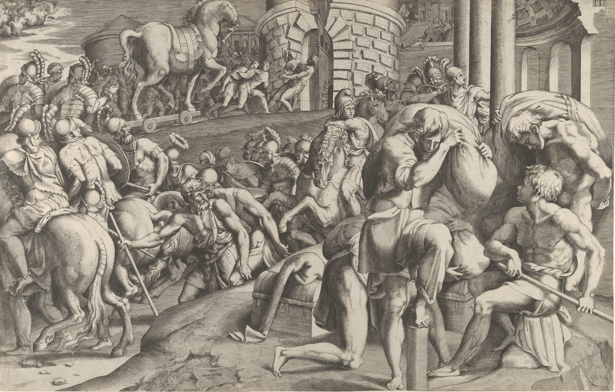 Los Troyanos Arrastrando el Caballo de Madera a Troya, 1545 de Giulio Bonasone