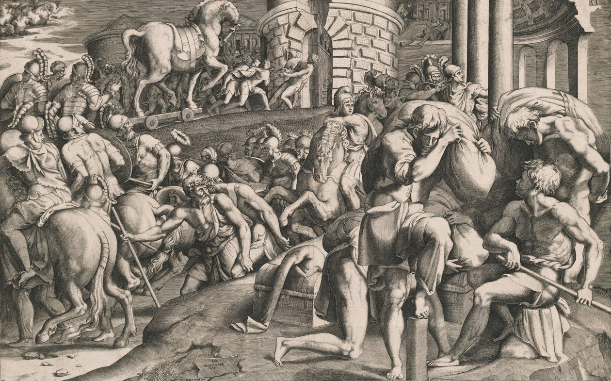 Los troyanos arrastrando el caballo de madera a la ciudad, 1545 de Giulio Bonasone