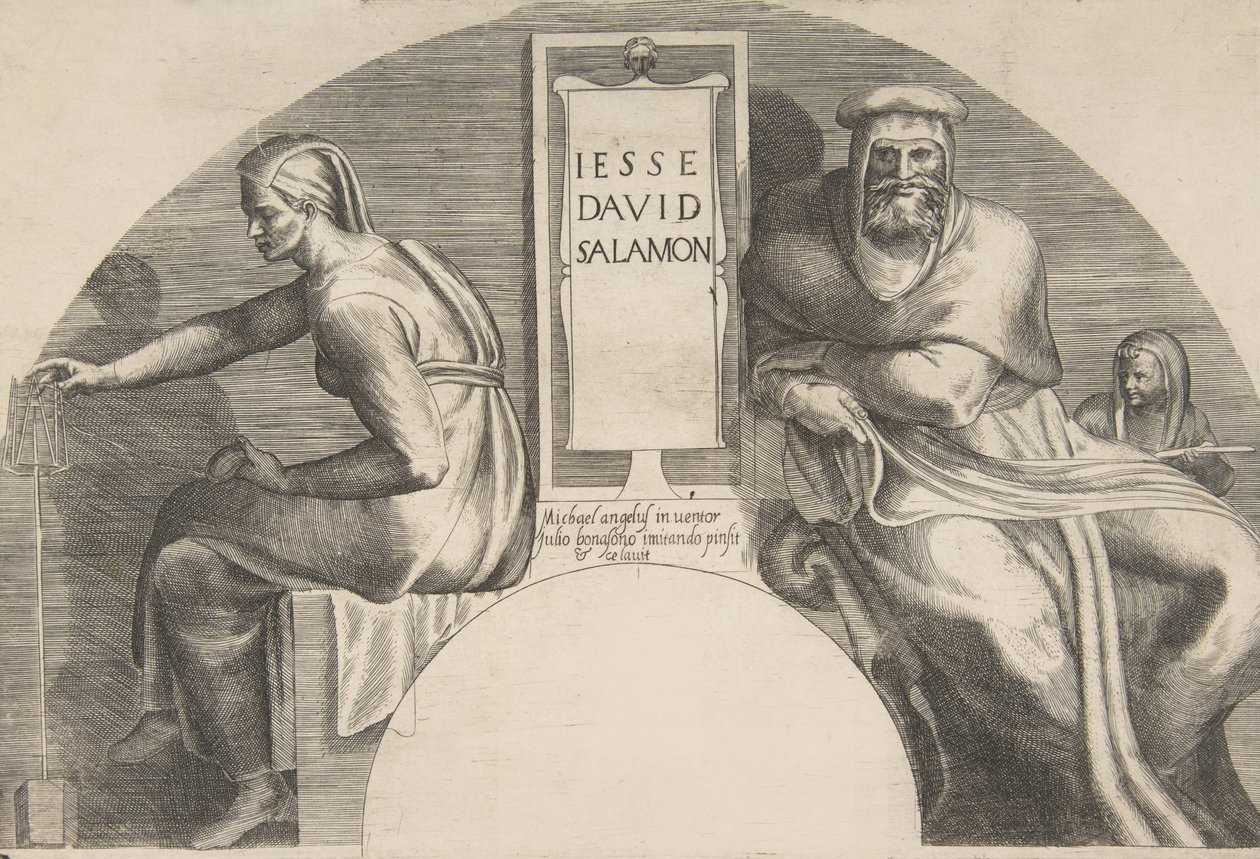 Los antepasados de Cristo flanqueando una tabla inscrita, una composición de arco superior, 1531-76 de Giulio Bonasone