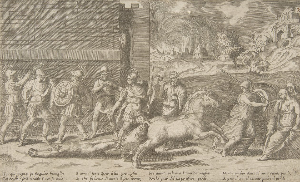 El combate de Héctor y Aquiles, y Aquiles arrastrando el cuerpo de Héctor, 1531-76 de Giulio Bonasone