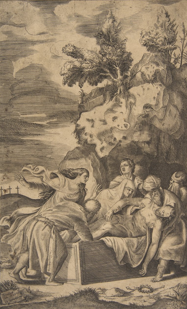 El entierro de Cristo, las cruces en el Calvario visibles en el fondo izquierdo de Giulio Bonasone