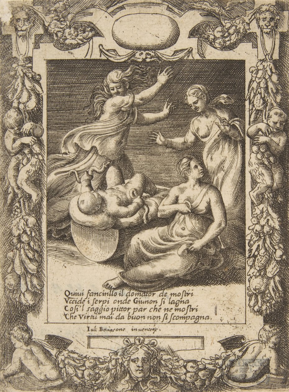 El infante Hércules matando a las serpientes, dentro de un marco elaborado, de 