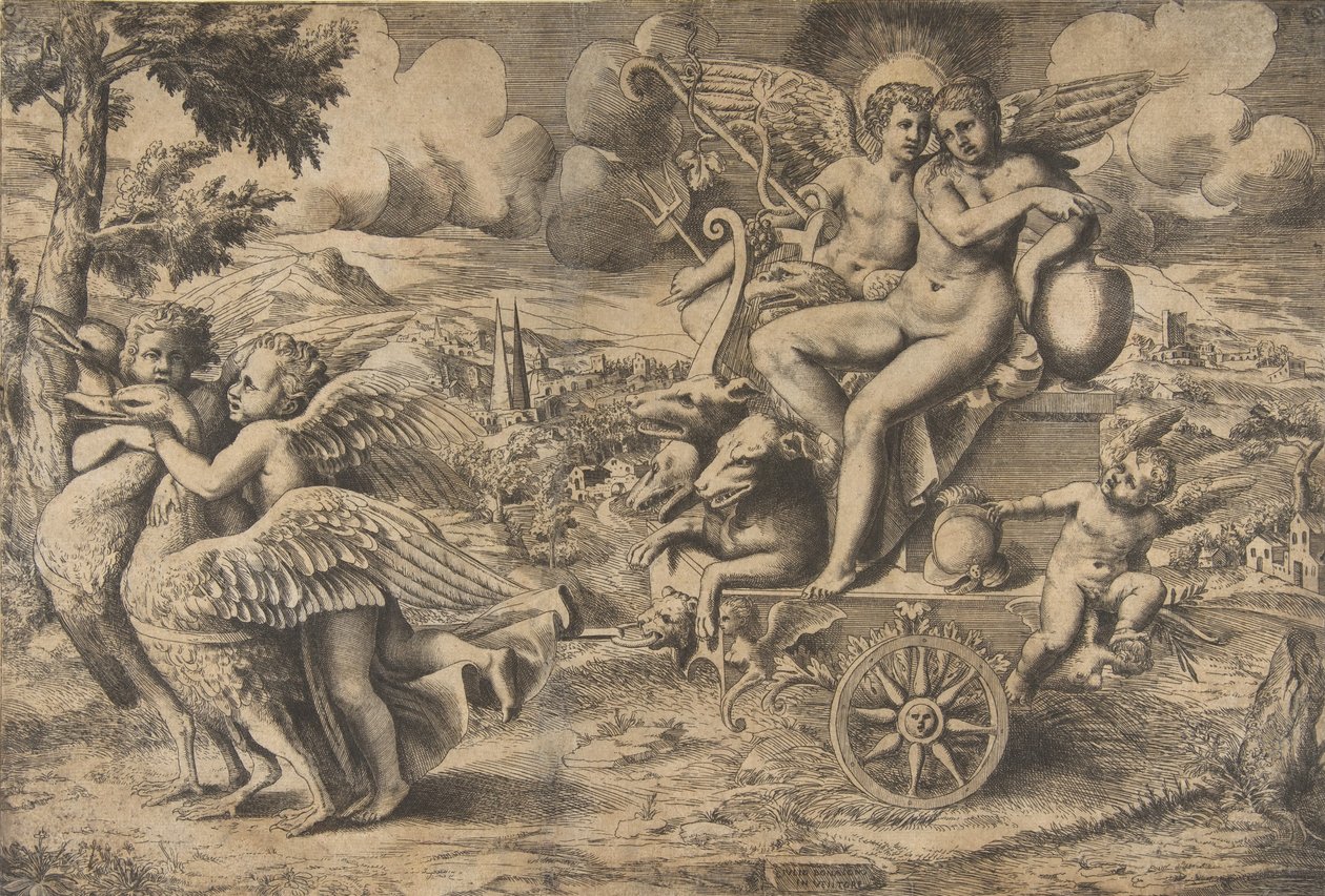 El triunfo de Cupido y Psique que están sentados en un carro tirado por dos pájaros de Giulio Bonasone