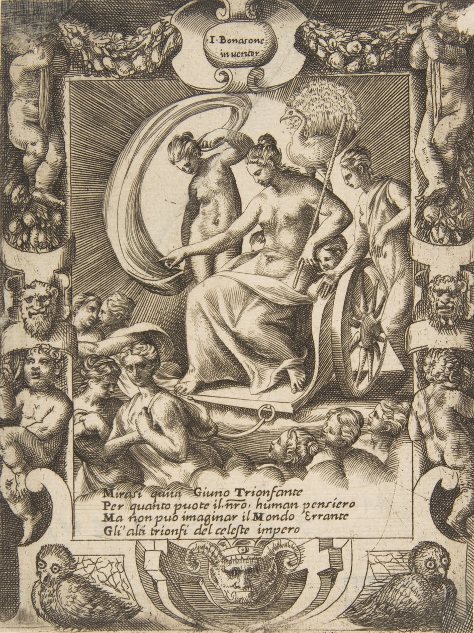 El triunfo de Juno sentada en un carruaje, dentro de un marco elaborado, de la serie 