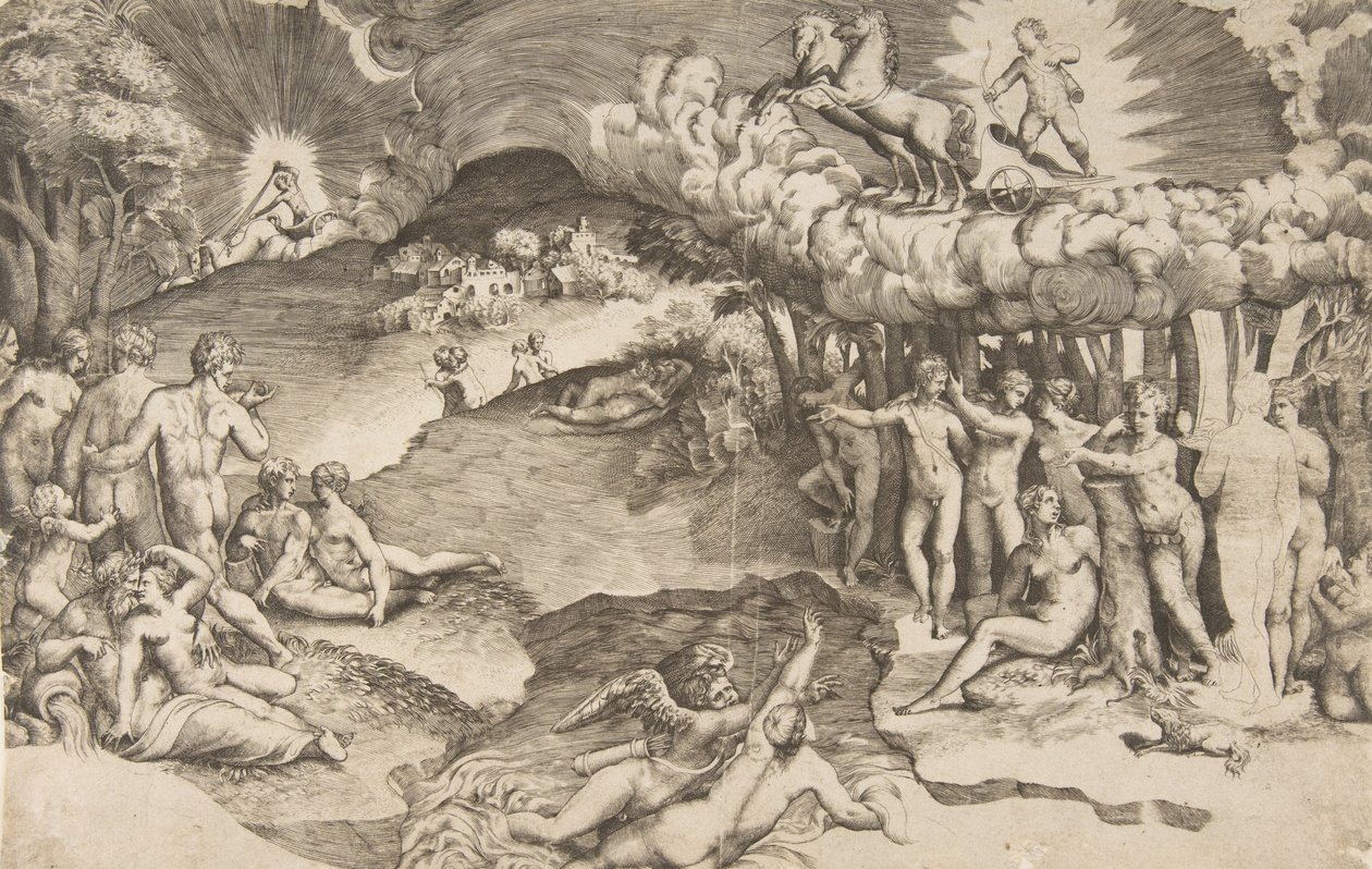 El triunfo del amor, Cupido montando un carro tirado por un unicornio de Giulio Bonasone