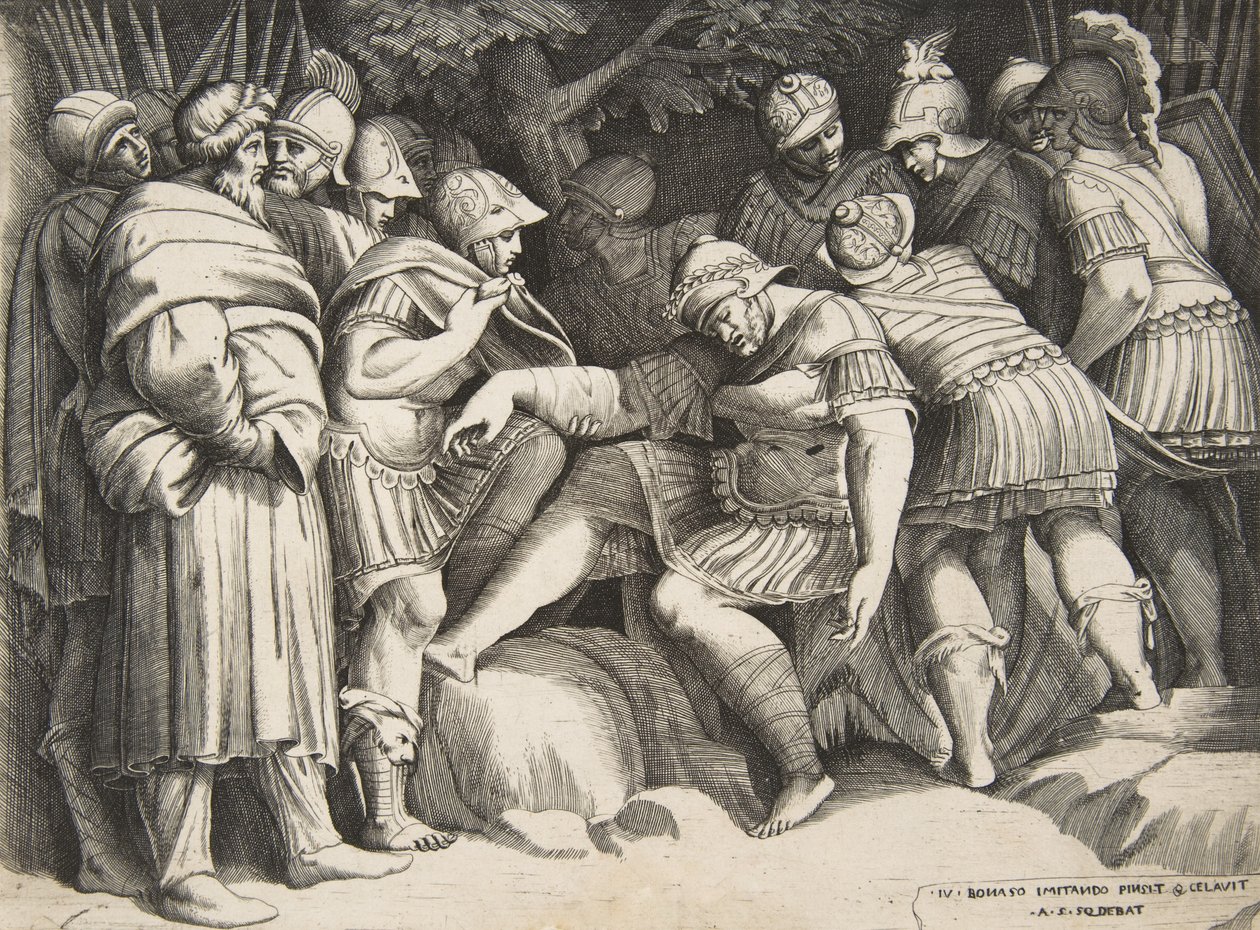 El soldado herido Escipión en el centro rodeado de figuras, 1531-76 de Giulio Bonasone