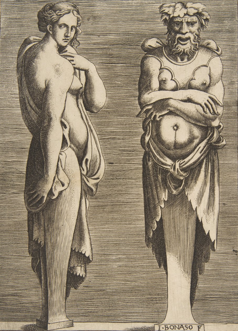 Dos términos, una ninfa a la izquierda Silvano a la derecha, ca. 1530-50 de Giulio Bonasone