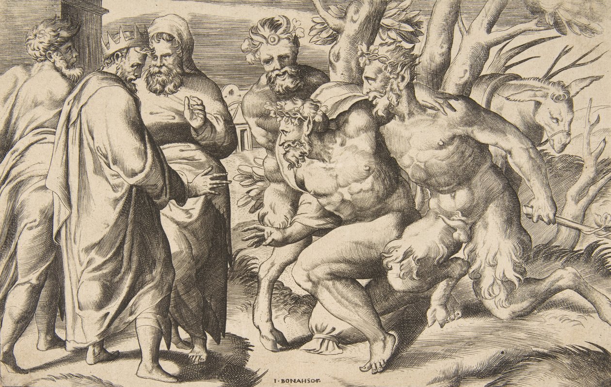Dos sátiros trayendo a Sileno, el rey Midas de pie a la izquierda, 1531-76 de Giulio Bonasone