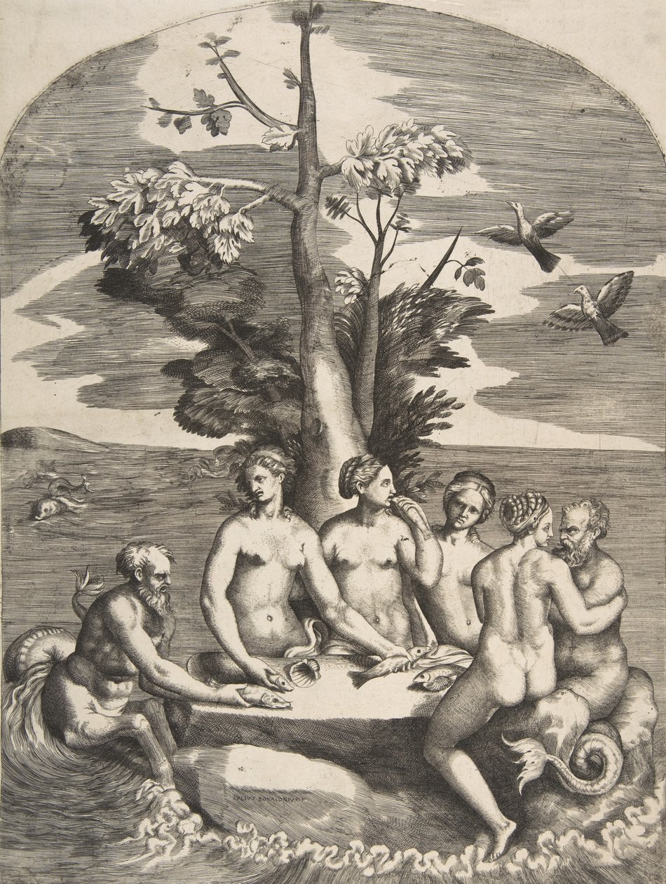 Dos dioses marinos acompañados por cuatro ninfas de Giulio Bonasone