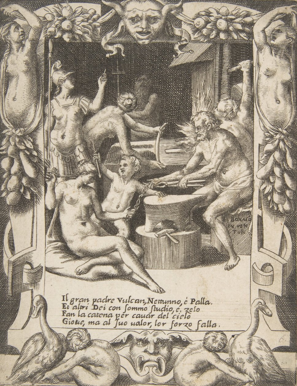 Vulcano, Neptuno, Atenea y otros dioses haciendo grilletes para tirar de Júpiter desde los cielos de Giulio Bonasone