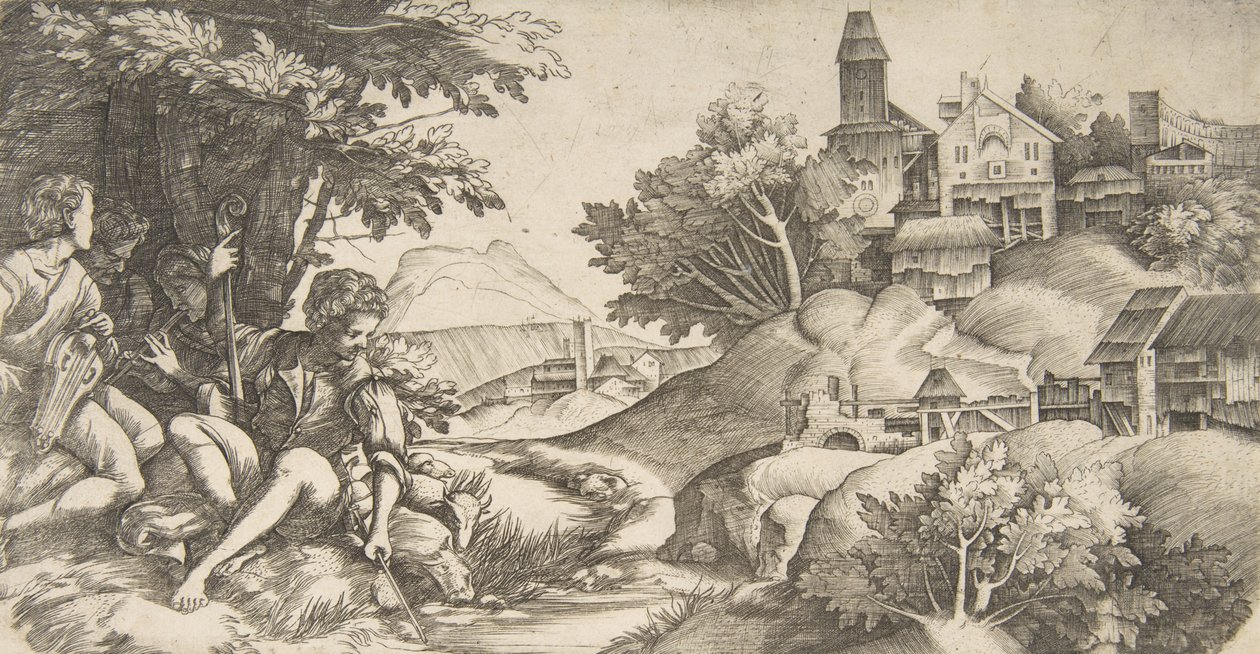 A la izquierda cuatro pastores con instrumentos musicales sentados bajo un grupo de árboles, ca. 1517 de Giulio Campagnola