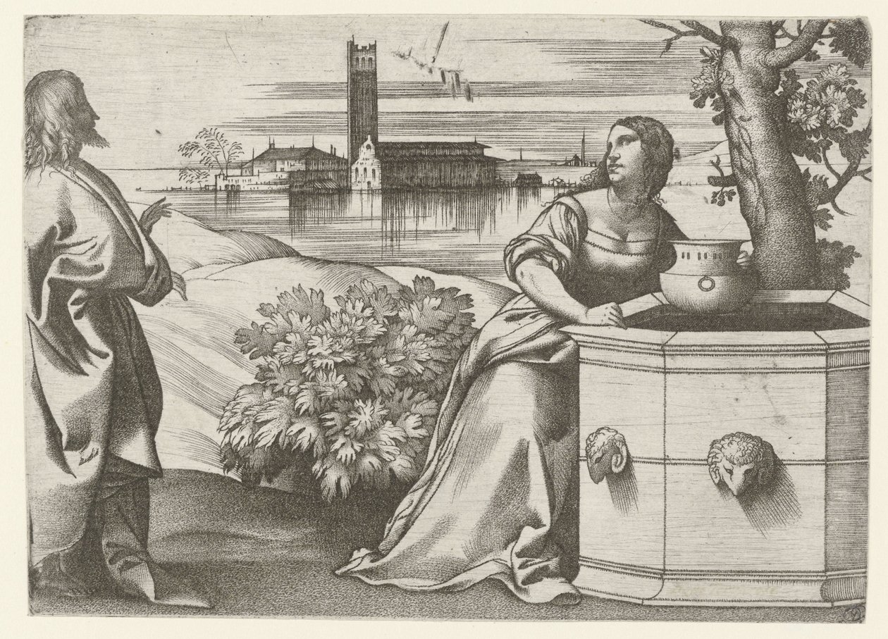 Cristo hablando con la mujer samaritana en el pozo de Giulio Campagnola