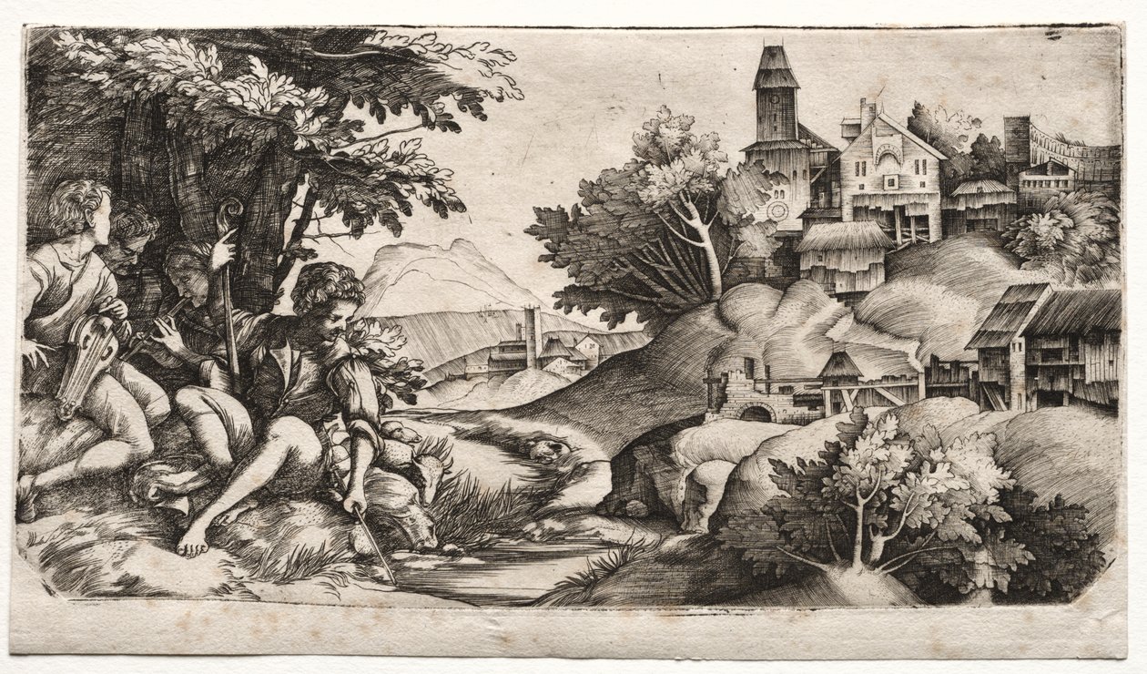 Pastores en un paisaje de Giulio Campagnola