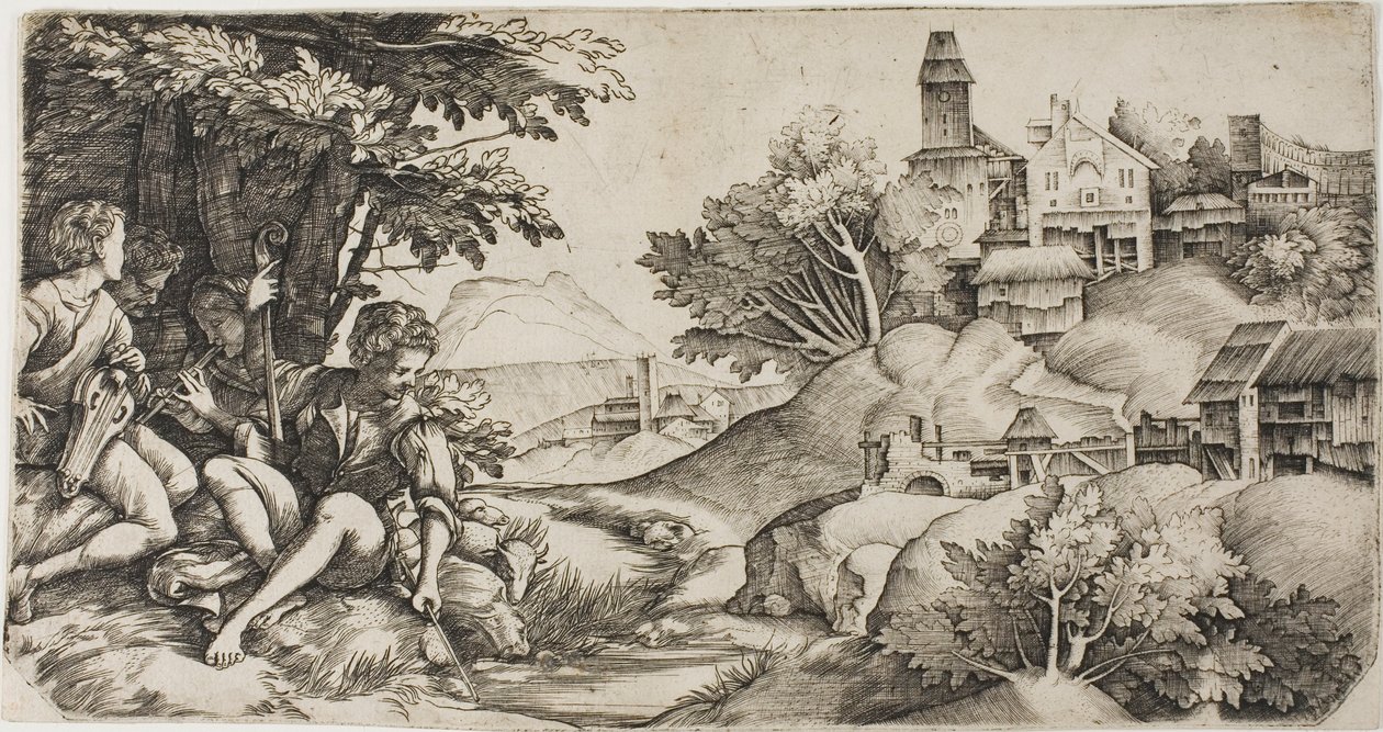 Pastores en un paisaje de Giulio Campagnola