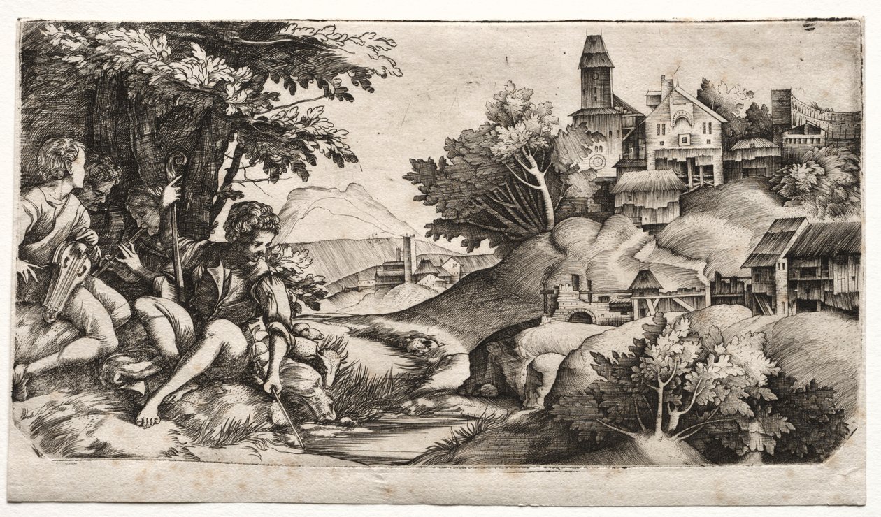 Pastores en un paisaje, c. 1517 de Giulio Campagnola