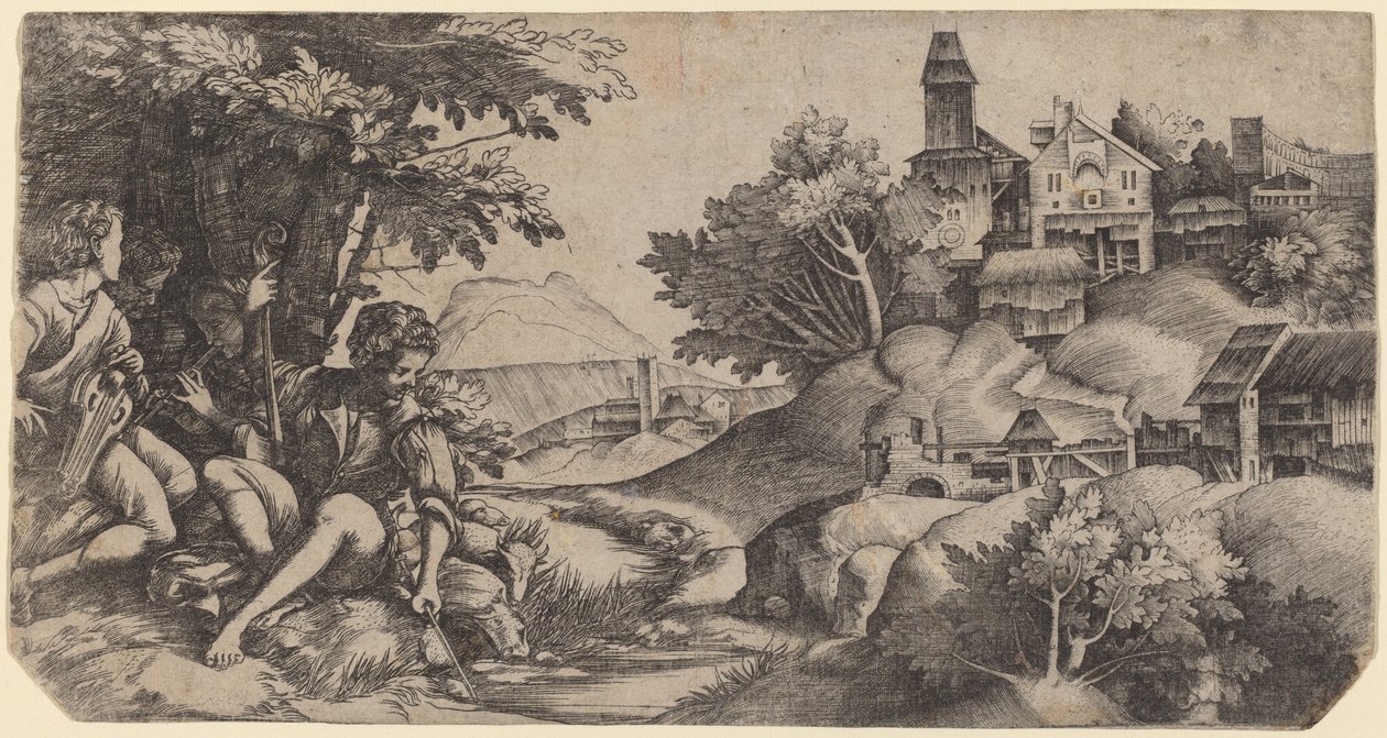Pastores en un paisaje de Giulio Campagnola and Domenico Campagnola