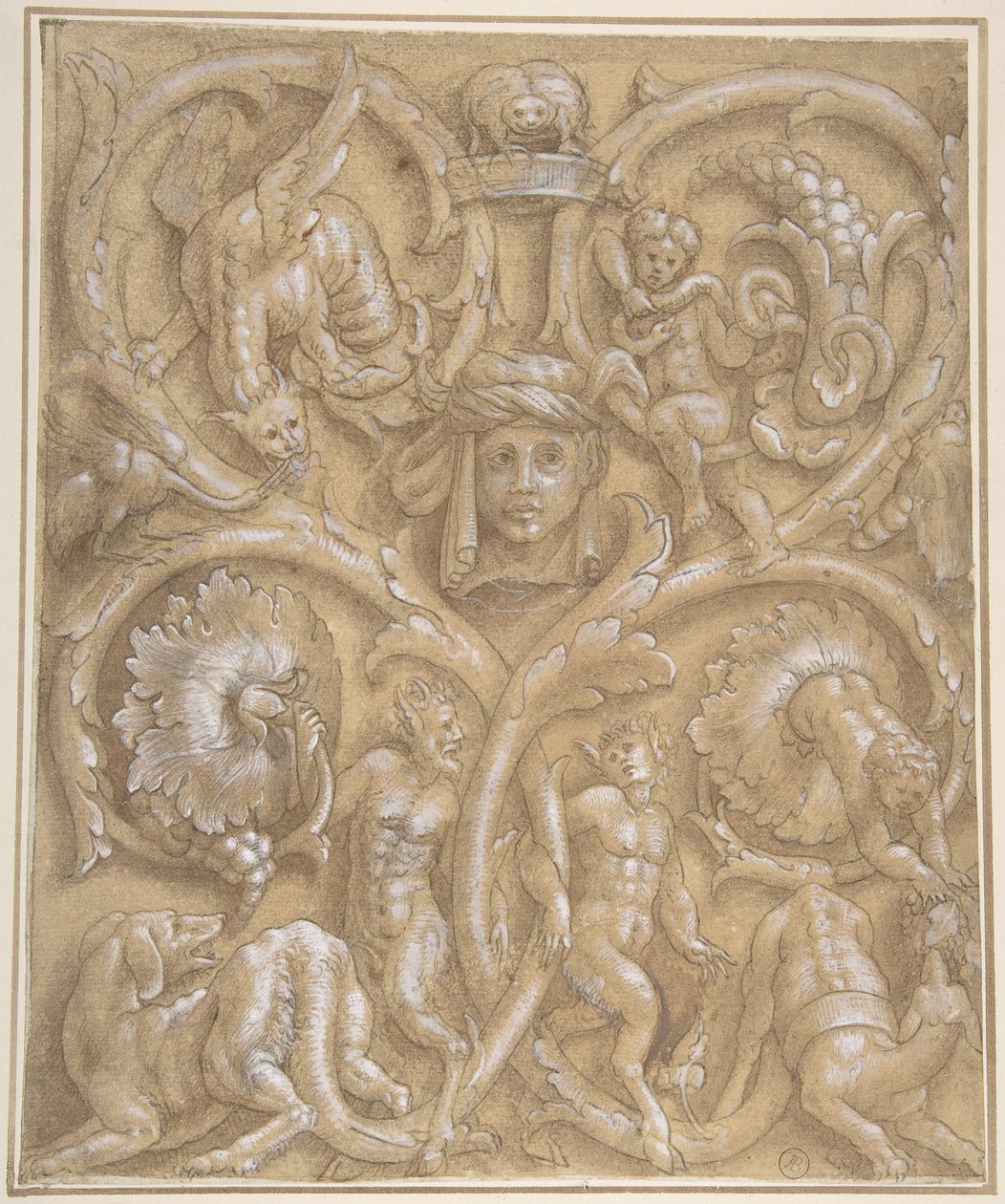 Diseño para un panel ornamental con rinceaux, sátiros, putti, monstruos y una cabeza humana, 1535-45 de Giulio Campi.
