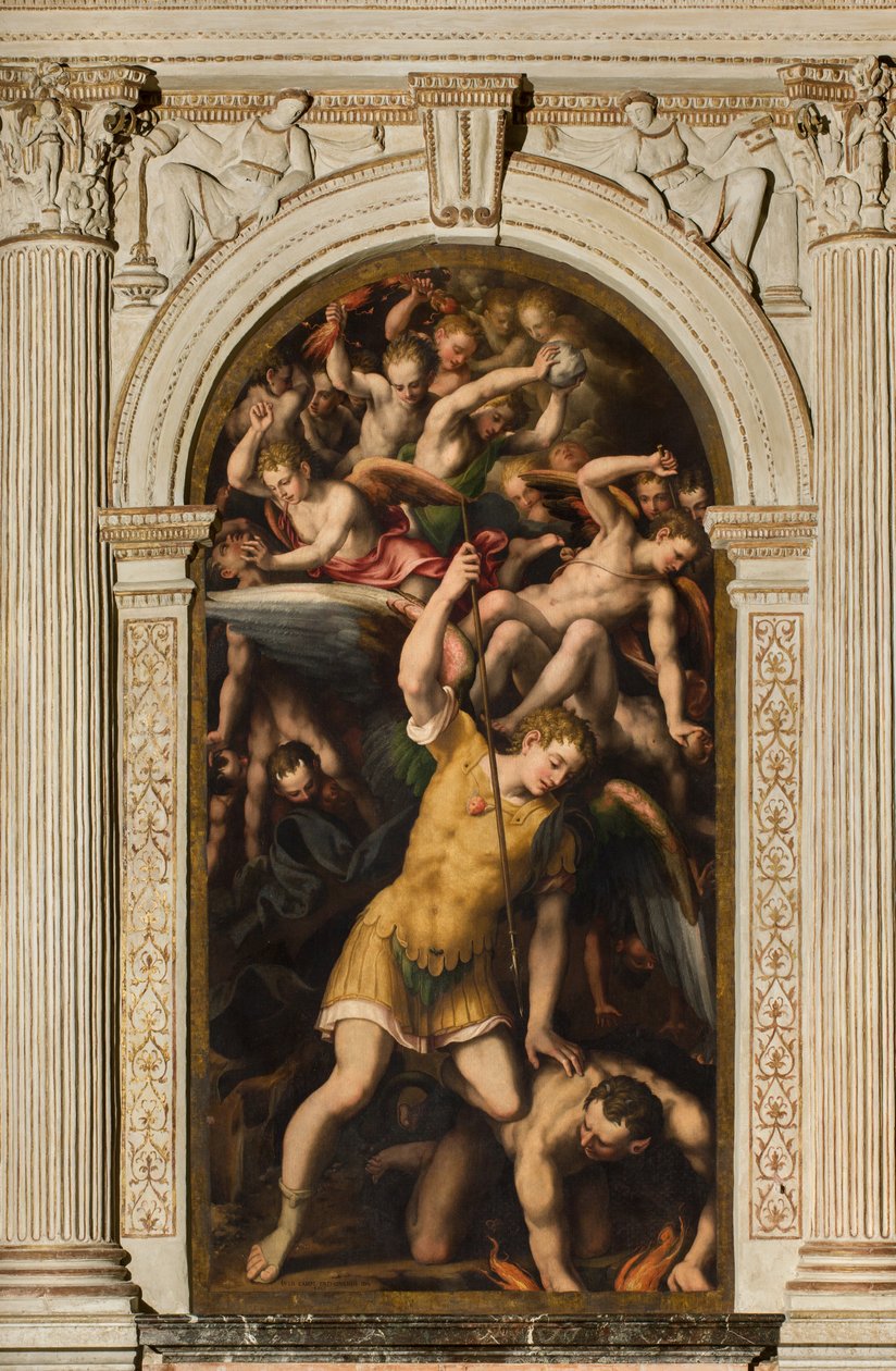 Transepto norte, Altar de San Miguel Arcángel, Arcángel Miguel matando al malvado, Giulio Campi 1566 de Giulio Campi